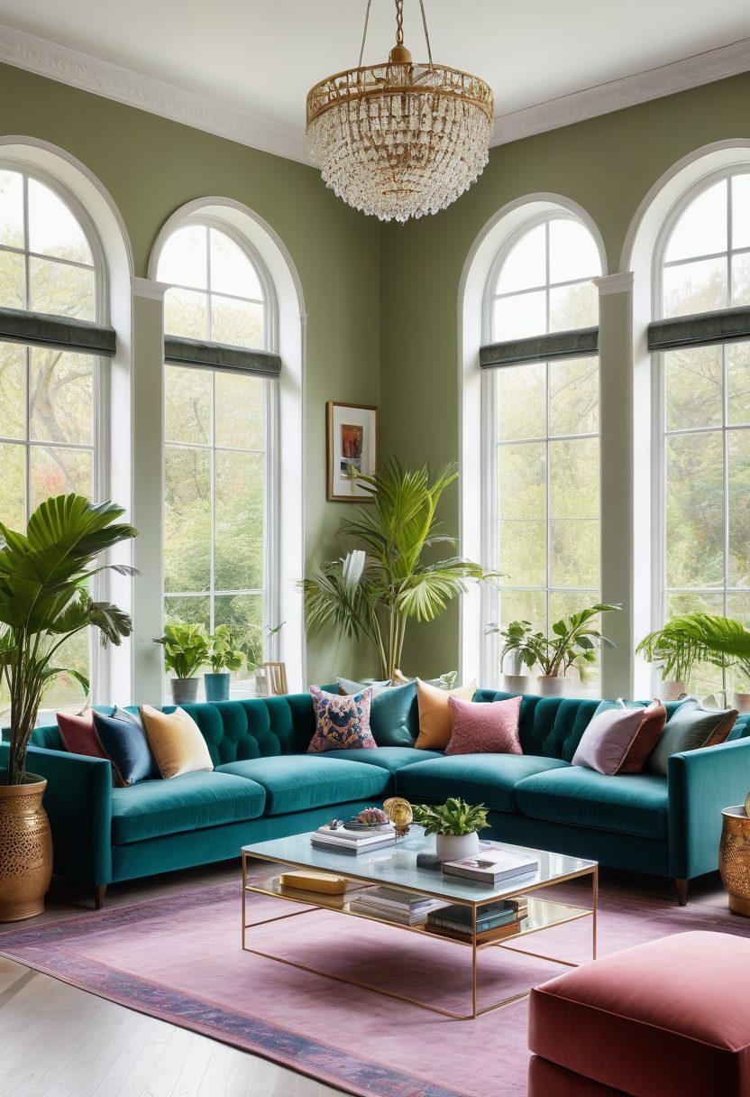 A stylish living room showcasing an array of elegant sofa sets in various colors and textures, complemented by chic decor essentials like cushions and art pieces. A warm and inviting atmosphere with natural light streaming through large windows, plants for freshness, and a coffee table adorned with books and decor. The design should evoke comfort and sophistication, highlighting expert choices in home decor. vibrant colors. super-realistic.