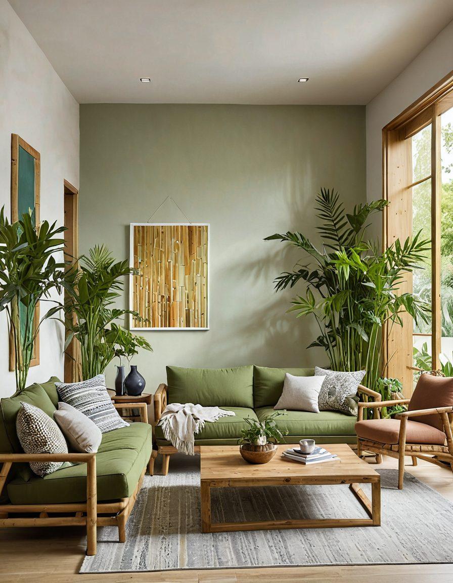 A modern, eco-friendly living room featuring sustainable materials like bamboo and recycled wood, filled with green indoor plants and natural light. The furnishings should showcase functionality with innovative designs, highlighting a blend of comfort and sustainability. Include a cozy seating area and a blend of earthy colors to emphasize a harmonious environment. artistic style. vibrant colors. 3D.
