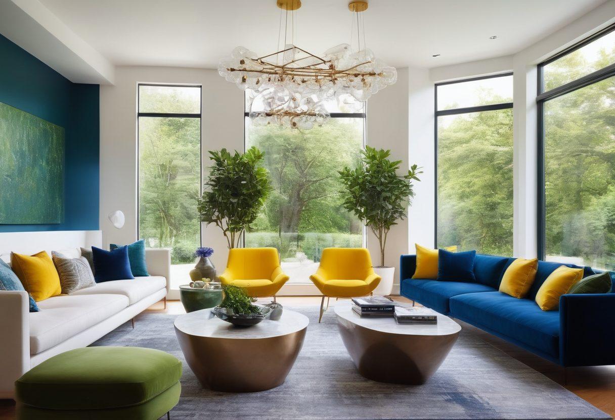 A modern living room featuring sleek contemporary furniture with bold colors, an elegant chandelier, and stylish decor elements that highlight current home styling trends. The space should convey a sense of harmony and sophistication, with plants adding a touch of nature. Ensure a bright, inviting atmosphere with natural light filtering through large windows. super-realistic. vibrant colors. minimalistic style.
